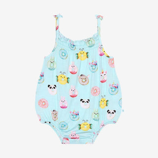 Posh Peanut spaghetti strap bubble romper with donut animal print, light blue viscose from bamboo fabric with ruched neckline and bow straps