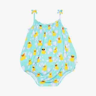 Posh Peanut turquoise duck print bubble romper with bow straps and snap closure