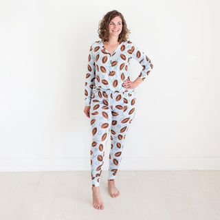 Posh Peanut women's light blue football print nursing pajama set with snap front henley top and jogger pants
