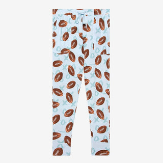Light blue American football print jogger pants with elastic waist, drawstring, and ribbed cuffs for women