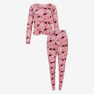 Pink floral bamboo pajama set for women with pumpkin rose print, scoop neck top and paper bag jogger pants
