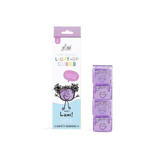 Glo Pals purple light-up bath toy packaging with four translucent cubes