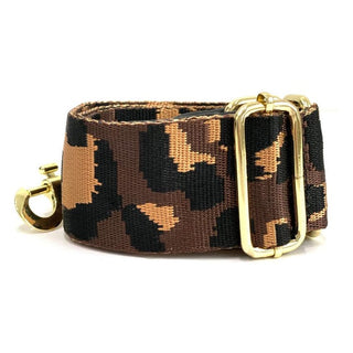 Brown leopard woven purse strap profile showing leather backing and gold buckle