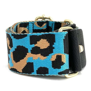 Leopard print adjustable purse strap with turquoise background and gold hardware