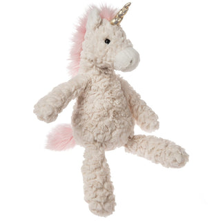 Mary Meyer Putty Cream Unicorn plush with crimped curly fur, blush mane and tail, gold sequined tusk
