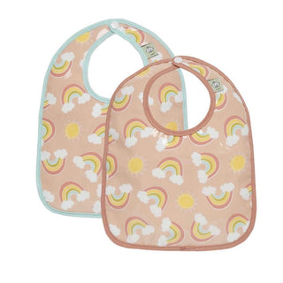 Rainbow Baby Bib Set with peach and mint trim, featuring wipeable EVA material, snap closure, and cloud sun graphics