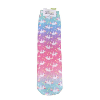 Rainbow Unicorn Socks for kids with gradient ombre blue to yellow and white unicorn print
