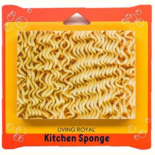 Ramen Kitchen Sponge in light brown noodle texture with orange and yellow packaging by Living Royal