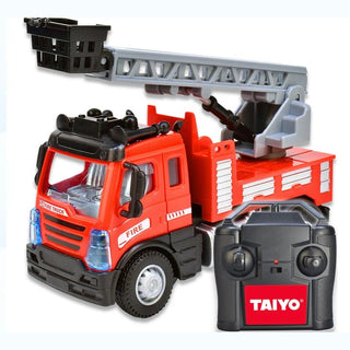 Red plastic remote control fire truck with extended ladder and black handheld controller