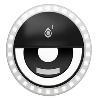 Black clip-on ring light with silver logo and adjustable brightness bar for phone or tablet