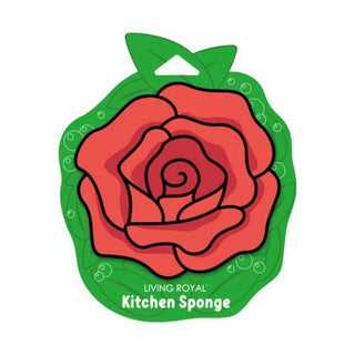 Rose Kitchen Sponge with red-orange gradient rose design and green leaf hanging tab by Living Royal