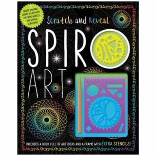 Scratch and Reveal Spiro Art activity book front cover with cosmic starburst design, rainbow patterns, wooden scratcher, and plastic spirograph tool set