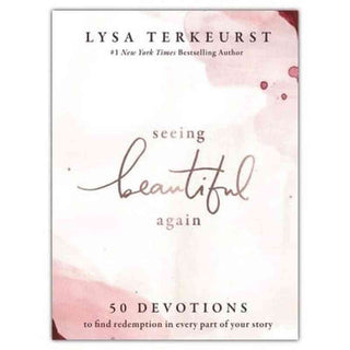 Seeing Beautiful Again book by Lysa TerKeurst with pink watercolor cover and burgundy cursive title
