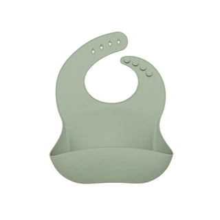 sage green molded silicone baby bib featuring diamond strap cutouts and easy-wipe finish