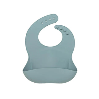 muted teal-blue matte silicone baby bib with wide neck opening and durable adjustable straps