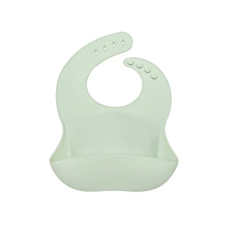 matte mint green silicone baby bib with adjustable snap buttons and deep food catch pouch