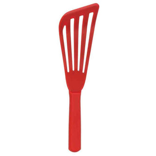 Red silicone fish spatula with beveled edge and draining slots for delicate fillets