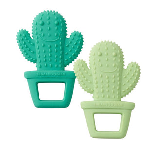 Teal and mint green silicone cactus baby teethers with textured spines and embossed Sugarbooger brand