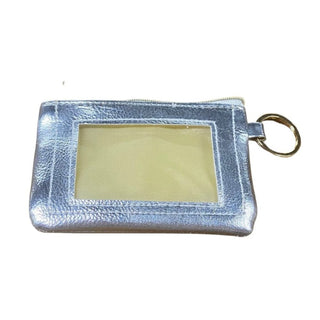 Silver pebbled PU leather keychain wallet with clear ID window and gold zipper