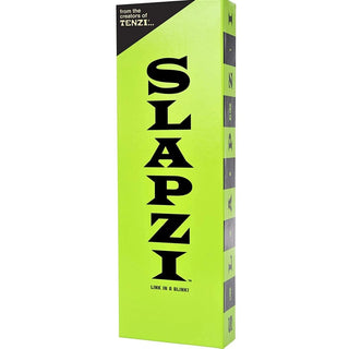 Upright lime green SLAPZI fast matching card game box with vertical branding