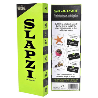 SLAPZI game box front back view for ages 8 to 98 with 120 picture and 65 clue cards