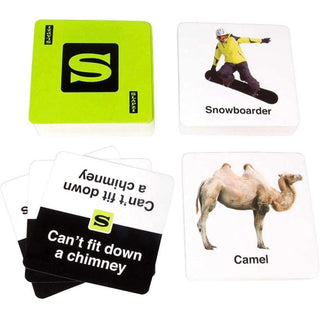 Lime green SLAPZI card deck with snowboarder and camel picture cards and chimney clue