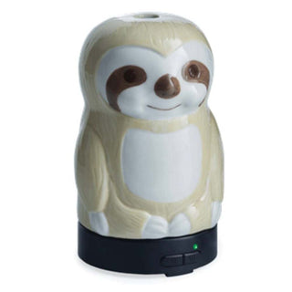 Sloth essential oil diffuser with glossy beige ceramic fur texture, white facial accents, and black base with M/S control buttons