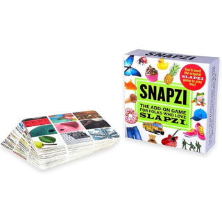 Snapzi add-on game box with purple top and lime-green banner showing colorful snapshot cards for SLAPZI fans