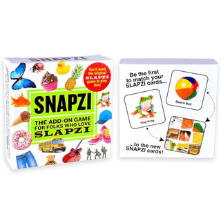 Snapzi board game box back view showing matching gameplay instructions with tree frog and beach ball examples