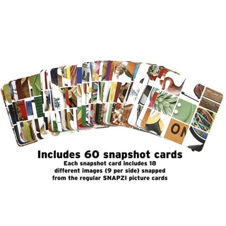 Fanned stack of 60 Snapzi snapshot cards displaying 18 distinct images per card including pineapple, flamingo, and wood grain