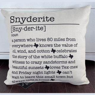 Snyderite off-white linen-textured throw pillow with black Texas dictionary print and state icons