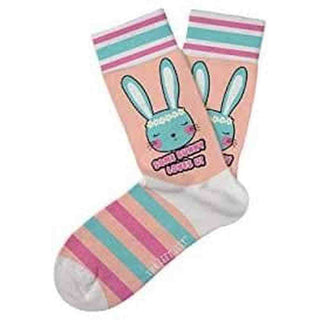 Peach blue bunny face crew socks with pink teal white stripes for kids