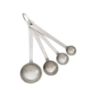 Stainless steel measuring spoon set with etched markings and connecting ring
