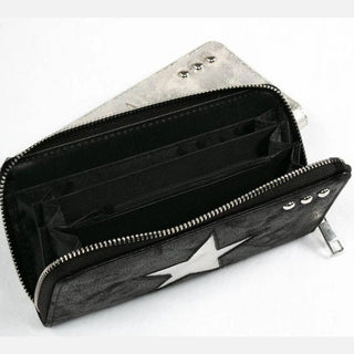 Open black star wallet with white patch revealing organized card slots and stitching