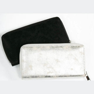 Stacked black matte and silver speckled star wallets with full-length zippers