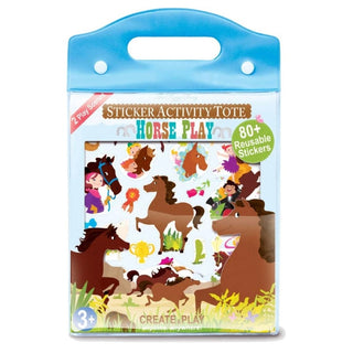Horse Play Sticker Activity Tote with blue handle, 80+ reusable 3D felt horse stickers and 2 play scenes for kids