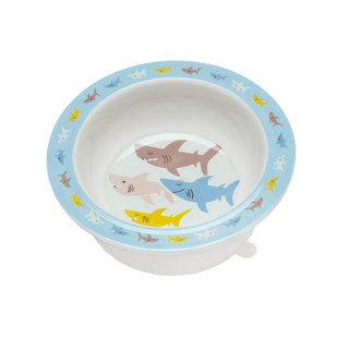 Smiley Shark suction bowl with removable silicone base and colorful shark illustrations for babies