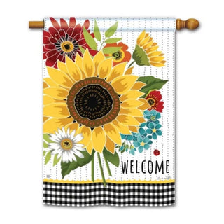 Sunflower Checks Standard Garden Flag with yellow sunflower, floral border, gingham trim and WELCOME text