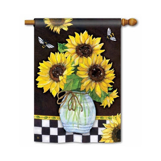 Sunflowers Standard Flag with watercolor yellow sunflowers in blue vase and bumblebees on woven polyester garden flag