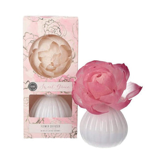 Sweet Grace Flower Diffuser in white ribbed ceramic with blooming pink gradient rose beside retail box