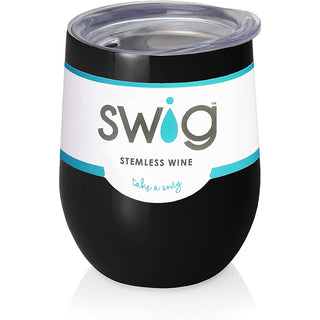 Black matte Swig stemless wine tumbler with sliding lid and teal logo label
