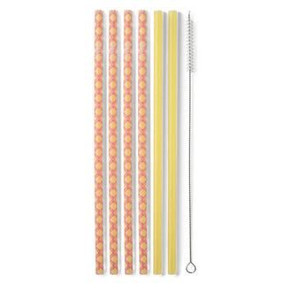 Six reusable plastic straws pink lemonade pattern and solid yellow with metal coil cleaning brush flat lay