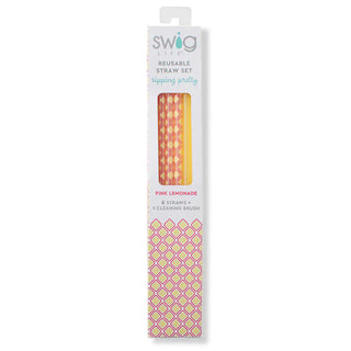 Swig Pink Lemonade reusable straw set box front window showing six straws and cleaning brush