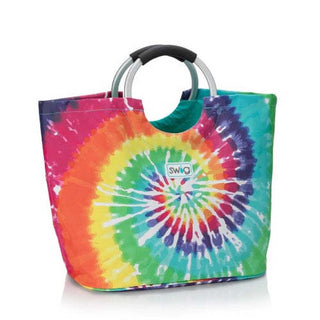 Swig Swirled Peace Loopi Tote Bag in rainbow tie-dye spiral with white splatter accents, featuring metal handles and swig logo label