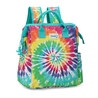 Swig rainbow spiral tie-dye backpack cooler front with magnetic side pockets and brand label