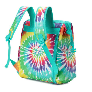 Rainbow tie-dye backpack cooler back view with teal mesh straps and wireframe zip-top design