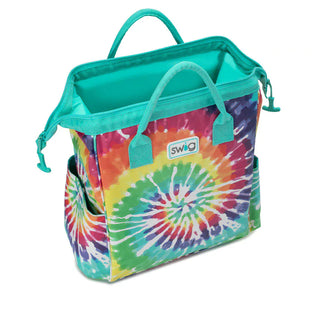 Open Swig Packi backpack cooler showing teal lining, logo, and wide wireframe opening angle