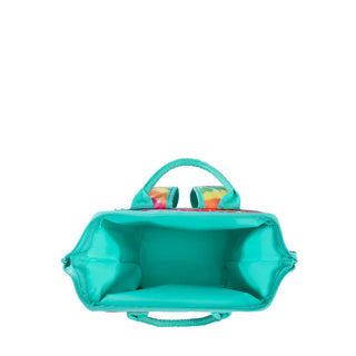 Teal insulated interior lining of open rainbow spiral backpack cooler with dual top handles