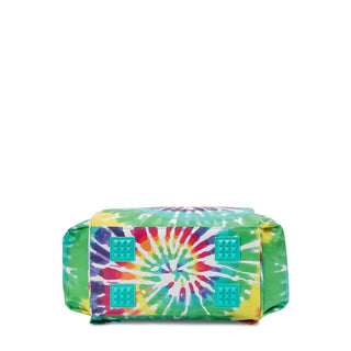 Bottom view of rainbow tie-dye backpack cooler with four teal non-slip rubber feet