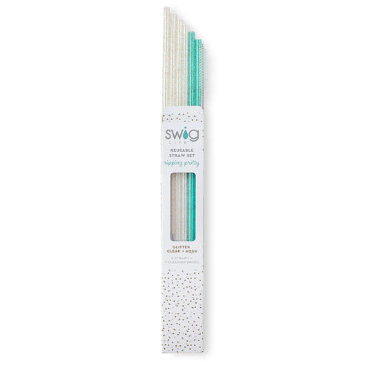 Swig Glitter Clear & Aqua Straw Set